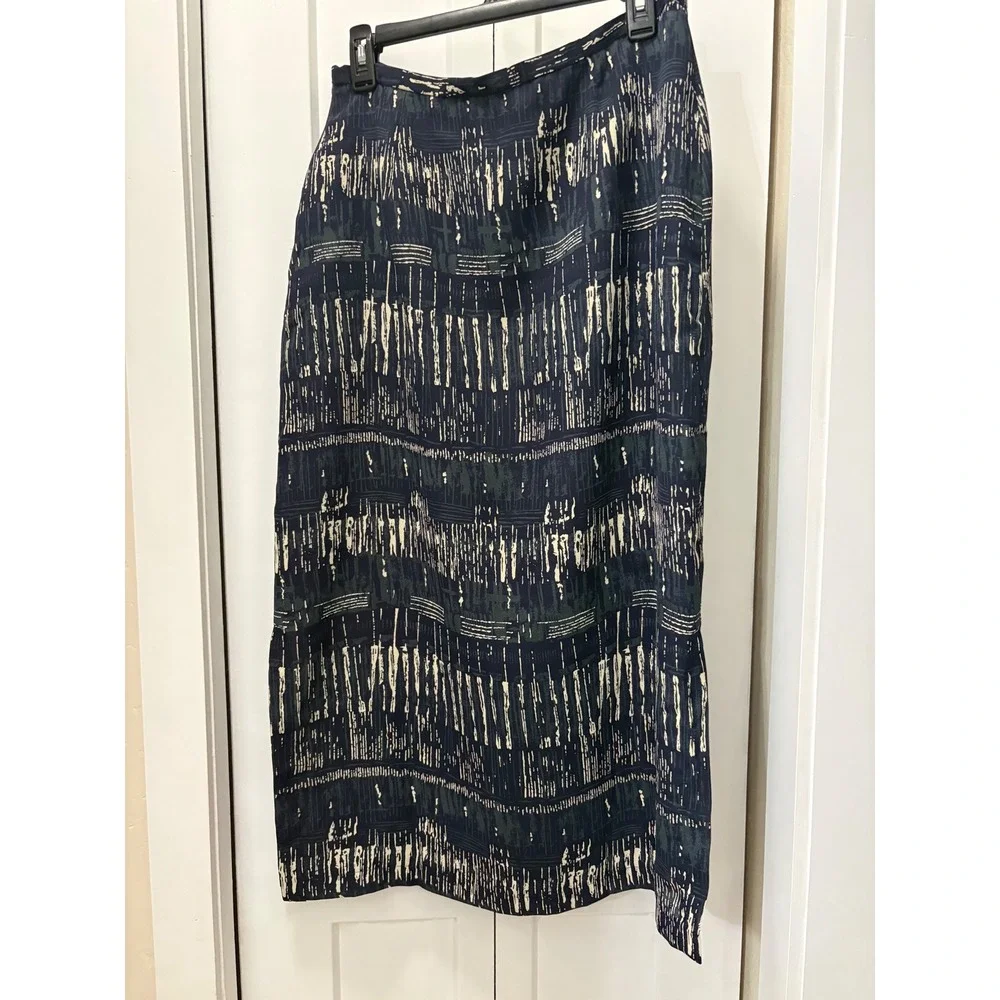Modern Classics Navy Blue Abstract Brushstroke Midi Skirt Side Slit UK 16 US 12